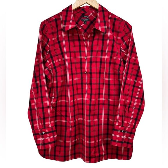 Talbots Red Plaid Perfect Popover Non Iron Bling Button Top Womens 12 - Picture 1 of 9